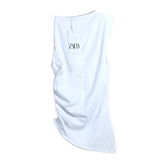 Zara Goddess Tank Womens Medium White Ruched Asymmetric Shoulder Grecian Summer - Picture 2 of 5